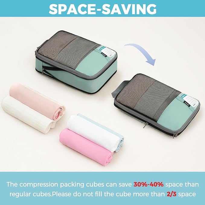 BAGAIL 4 Set/6 Set/8 Set Compression Packing Cubes Travel Accessories Expandable Packing Organizers(HalfMesh,8-DustyBlue)