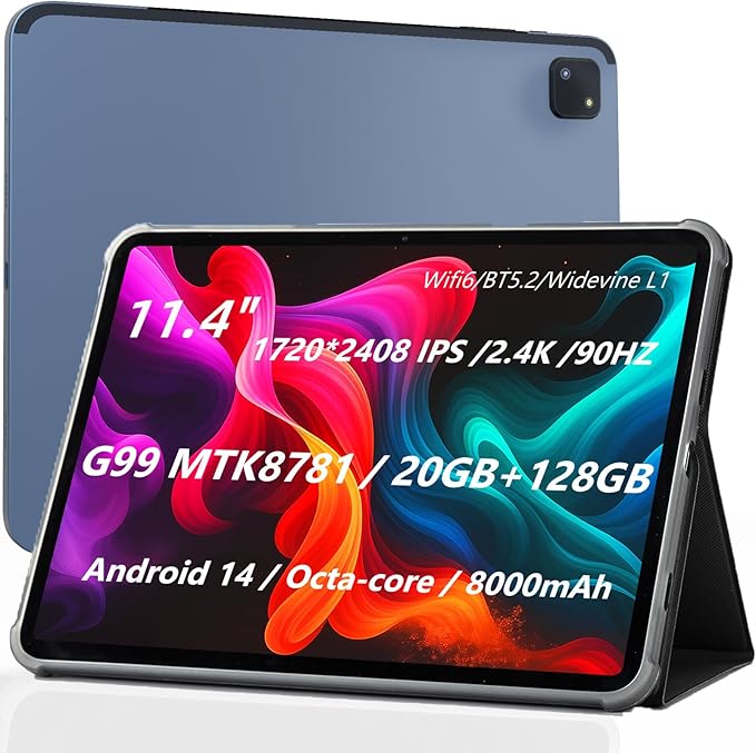 11 inch Tablet, Android 14 Tablet, Android Tablets with Case, Octa-core MTK8781, 20GB (8+12)+128GB, 2.4K HD Touchscreen, 8000mAh Large tableta with Wi-Fi 6, BT 5.2, GPS, Google Tablets for Adults