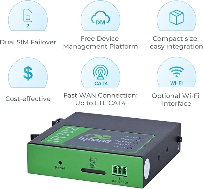 InHand Networks IR302 Industrial IoT LTE 4G VPN Router,LTE Cat 1+ Wi-Fi, Dual sim Card Slots, Management by Cloud Platform, DI/DO Port, Support T-Mobile, AT&T & Verizon, UL Certification