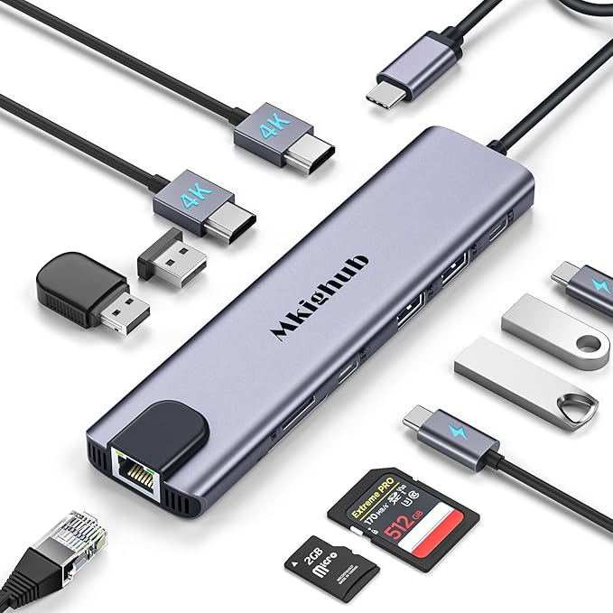 USB C Laptop Docking Station, Mkighub 11 in 1 Type C Hub Multiport Adapter Dongle w/2 HDMI 4K, 100W PD, Gigabit Ethernet, SD/TF, 2 USB3.0, 2 USB2.0, USB C 3.0 Data, for Dell/Surface/HP/Lenovo Laptops