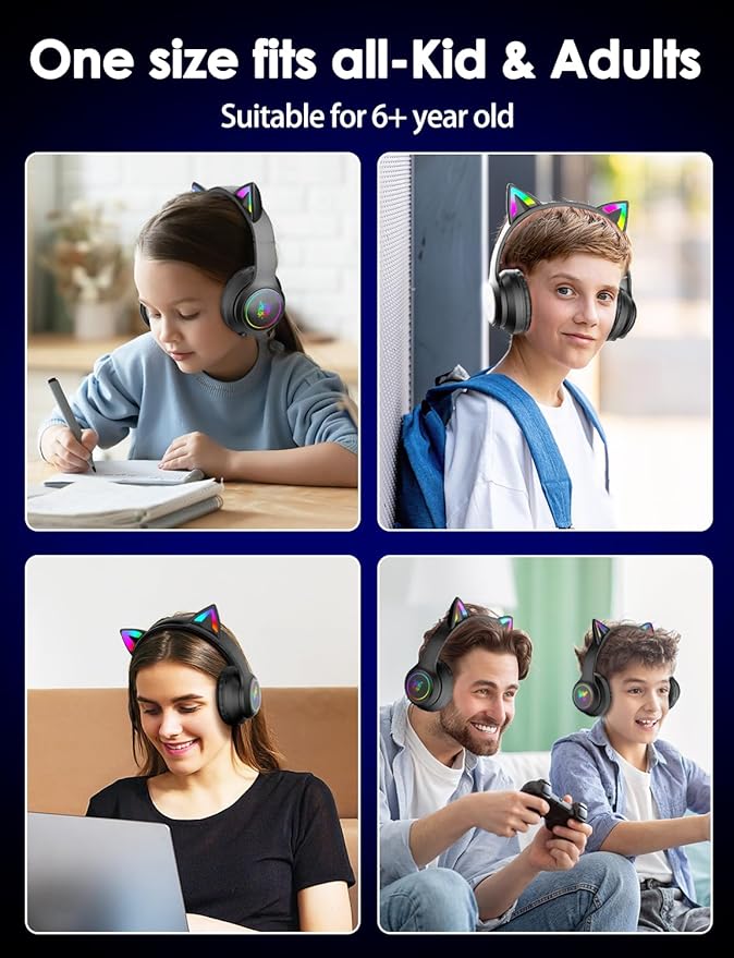 Cat Ear Bluetooth Headphones for Kids & Adults, 55H Play Time, Wireless Foldable & Wired Multi-Function LED Light Up Over Ear Headphones with Mic and Volume Control for iPhone/iPad/Laptop/PC