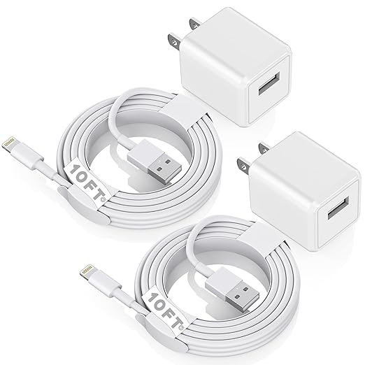 iPhone Charger 10ft, [MFi Certified] Long Lightning Cable Data Sync Charging Cords with USB Wall Charger Travel Plug Adapter for iPhone 13 12 11 Pro Max/SE 2020/X/XR/8/7/6/iPad and More(2Pack)