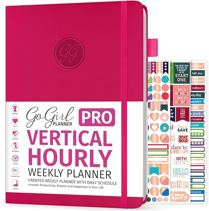 GoGirl Planner PRO Schedule - Undated Planner with Hourly Time Slots, Monthly, Weekly & Daily Organizer, Appointment Book for time Management, 7"x10" Hardcover, Lasts 1 Year - Fuchsia