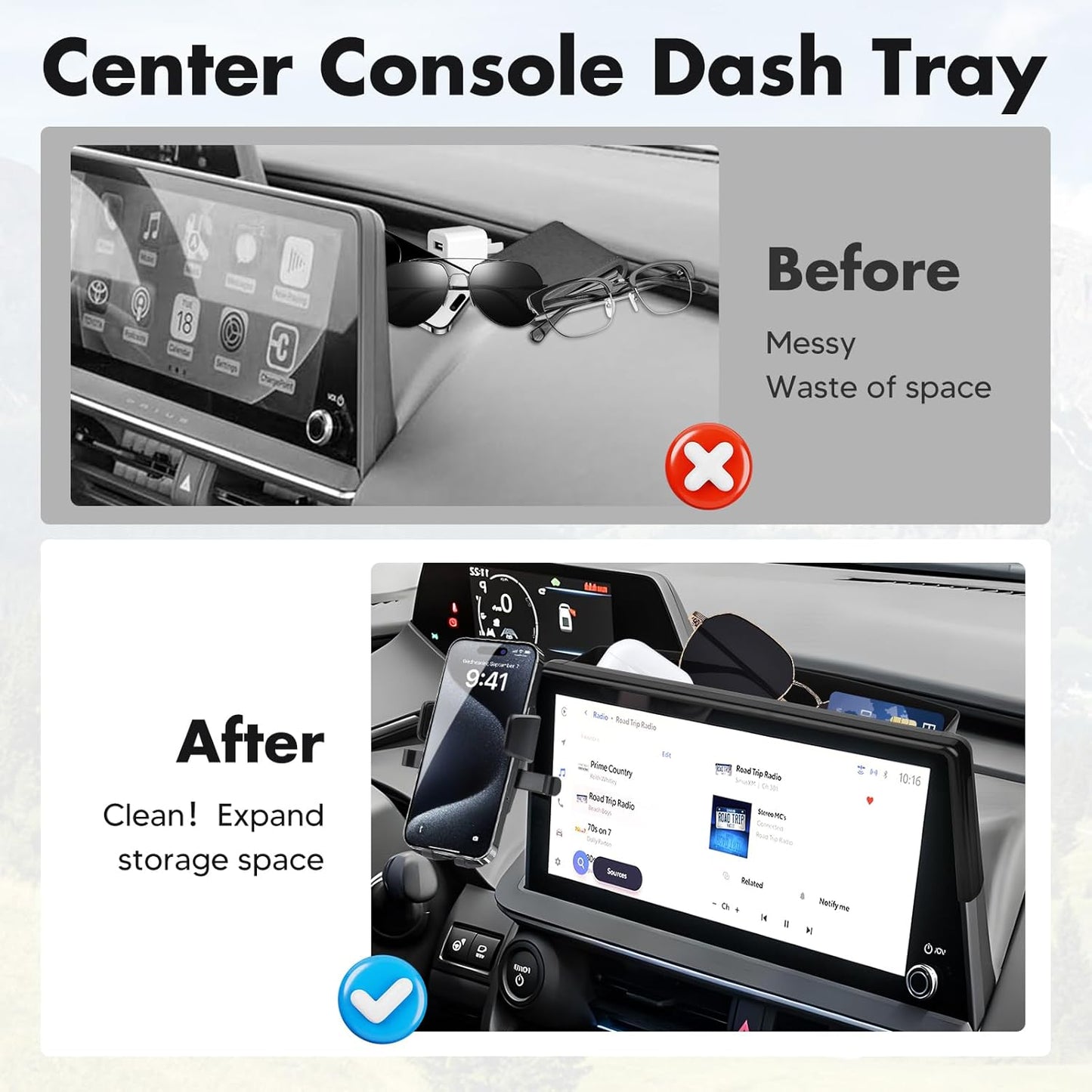 FIILINES Phone Holder for Toyota Prius 2023-2025 (Fit 12.3" Touch Screen), Phone Mount with Dash Organizer for Prius Accessories, 360 Degree Rotation Dash Mount Cell-Phone Holder