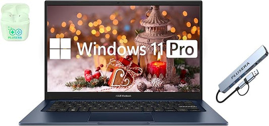 ASUS 14" FHD Vivobook Laptop Computer, 12GB RAM 512GB Storage (256GB SSD+256GB Docking Station Set), 6-Core Intel Core i3, Windows 11 Pro with Microsoft Office Home & Business, PLUSERA Earphones