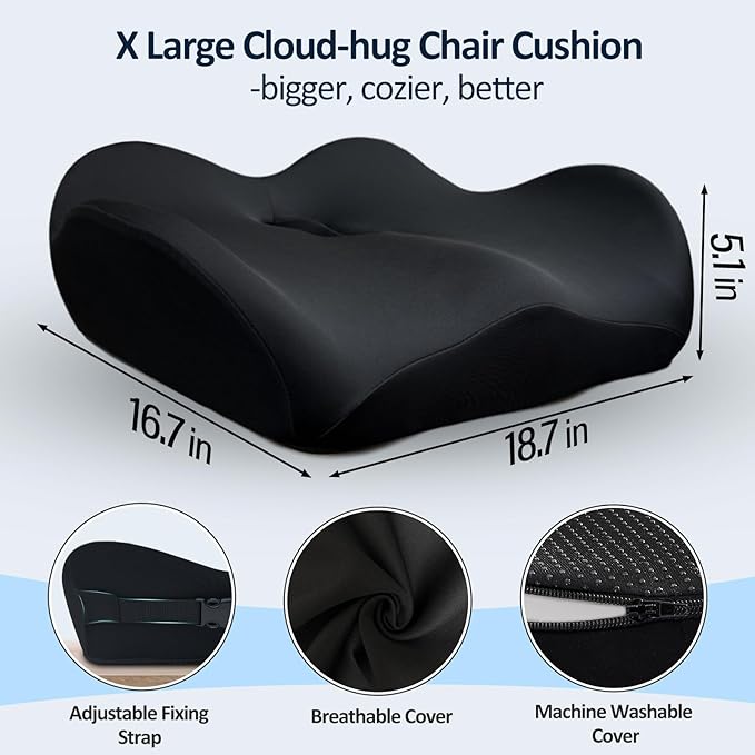 X Large Memory Foam Seat Cushions for Office Chairs, Long Sitting Pressure Relief Ergonomic Office Chair Cushion for Butt Coccyx Tailbone Sciatica, Car Seat Booster for Height (Pure Black)
