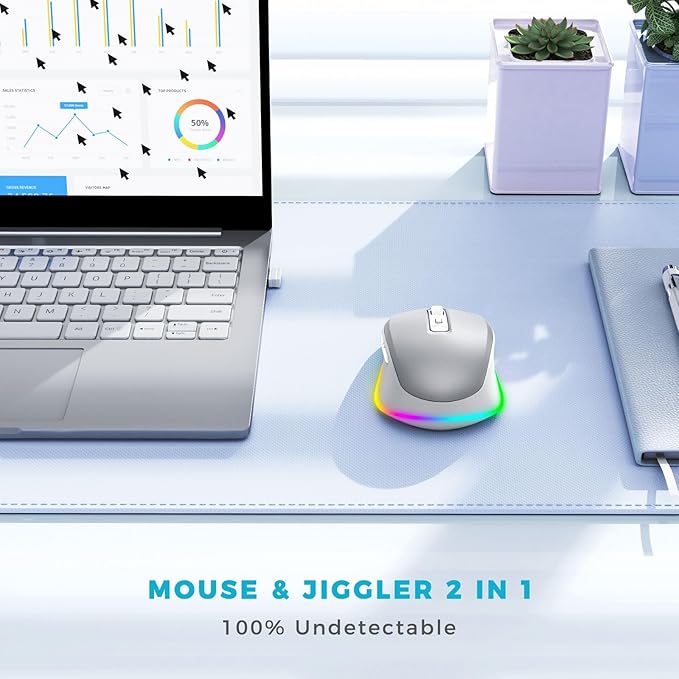 PEIOUS Wireless Mouse Jiggler - LED Wireless Mice with Build-in Mouse Mover, Rechargeable Moving Mouse for Laptop with Undetectable Random Movement Keeps Computers Awake - Silver