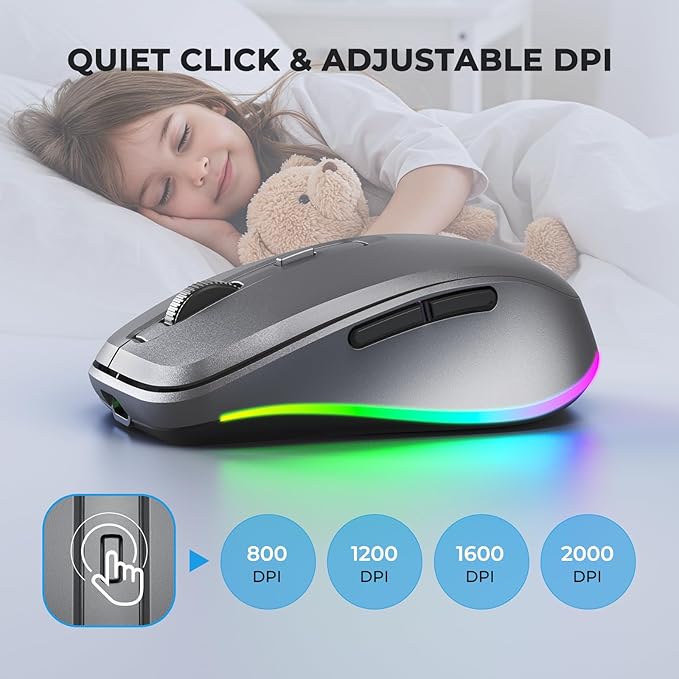 PEIOUS Wireless Mouse Jiggler - LED Wireless Mice with Build-in Mouse Mover, Rechargeable Moving Mouse for Laptop with Undetectable Random Movement Keeps Computers Awake - Space Grey