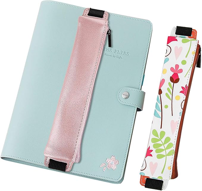 MoKo Pencil Case (2 Pack), PU Leather Pen Pencil Pouch Holder Stationery Zipper Bag with Elastic Strap for Pens, Pencils, Markers, Eraser - Printing & Gold Pink