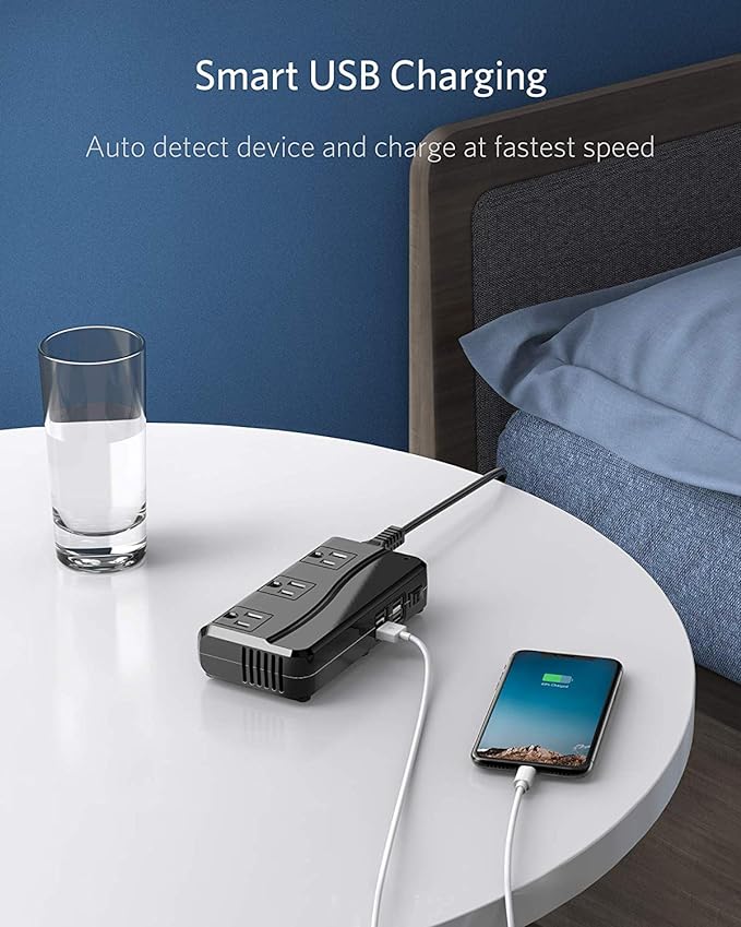 BESTEK Universal Travel Adapter 100-220V to 110V Voltage Converter 250W with 6A 4-Port USB Charging 3 AC Sockets and EU/UK/AU/US/India Worldwide Plug Adapter (Black)