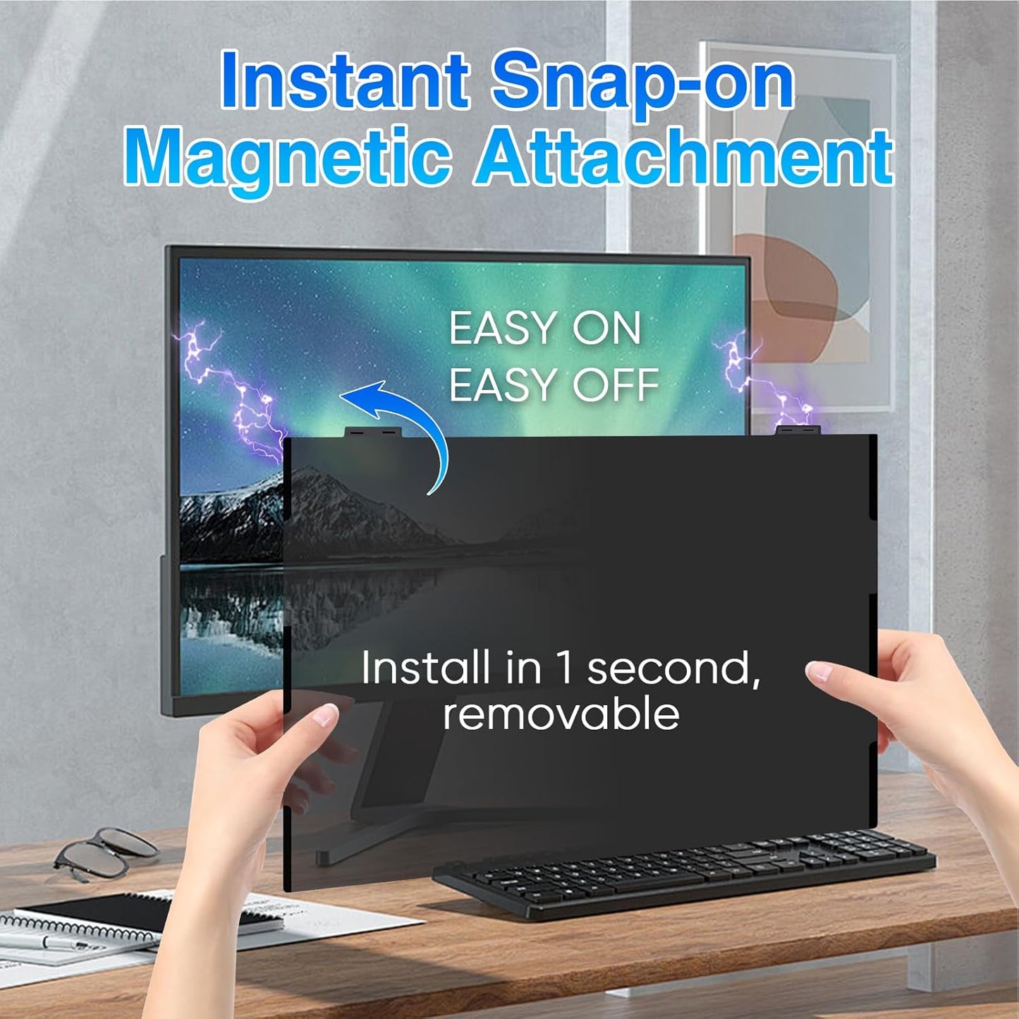 Magnetic Computer Privacy Screen, 27 Inch Removable Hanging Shield for Frameless Monitor 16:9 Widescreen, Anti Blue Light Filter, Anti-Glare Protector