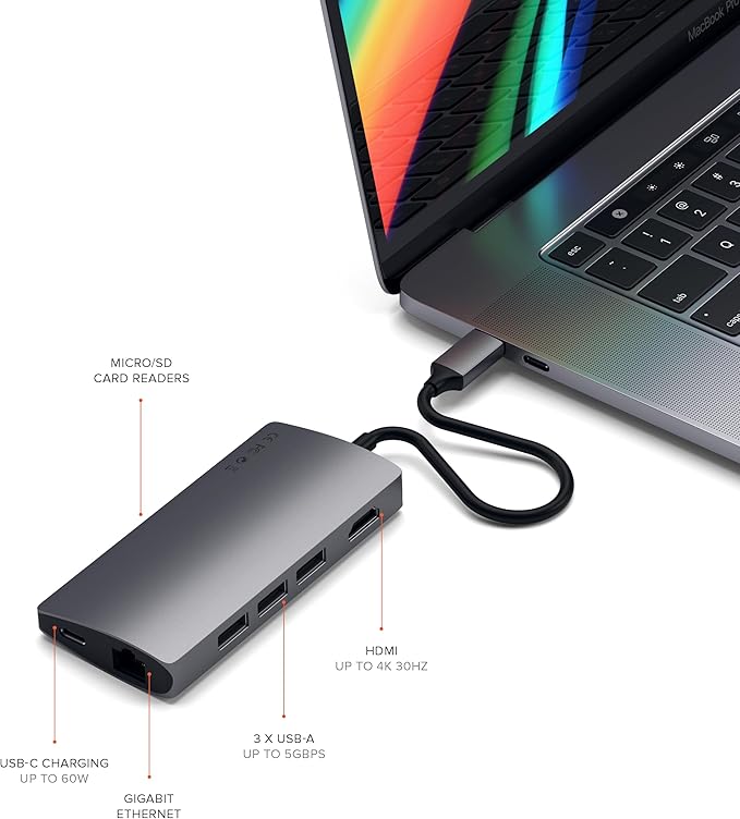 Satechi 8 in 1 USB C Hub Multiport Adapter V2, 4K HDMI, 115W USB C PD Charging, 3 USB-A, Ethernet, Micro/SD Card Readers, for Laptop, MacBook Air/Pro M4, iPad, Windows - Space Gray