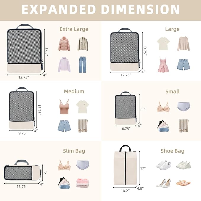 BAGAIL 4 Set/6 Set/8 Set Compression Packing Cubes Travel Accessories Expandable Packing Organizers (Half Mesh, 6-Beige)