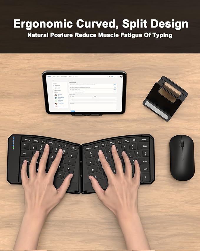 Ergonomic Foldable Keyboard and Mouse Combo, 2.4G+Dual Bluetooth Rechargeable Folding Keyboard Mouse for Travel and Business, Split Design, Portable Size for Laptop iPads Tablet Smartphone