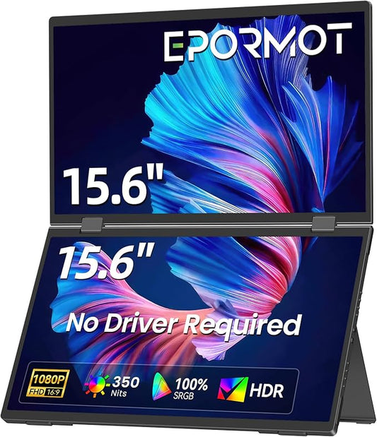 15.6" Dual-Screen Portable Monitor, 350 Nits 1200:1 FHD IPS Seamless Extended Display, Dual Device Connection, Type-C/HDMI, Anti-Glare Eye Care, 105° Foldable Stand for Work & Travel
