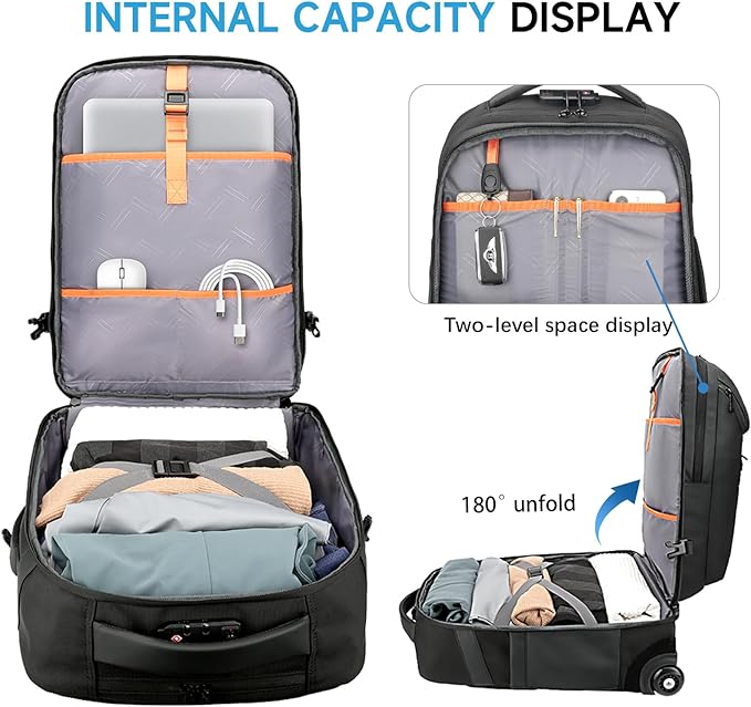 Rolling Backpack,50L Travel Backpack with Wheels,17.3inch Laptop Backpack with USB Port,TSA Carry On Anti Theft Backpack for Business Work Airplanes,Large Backpack for Men Women,Black