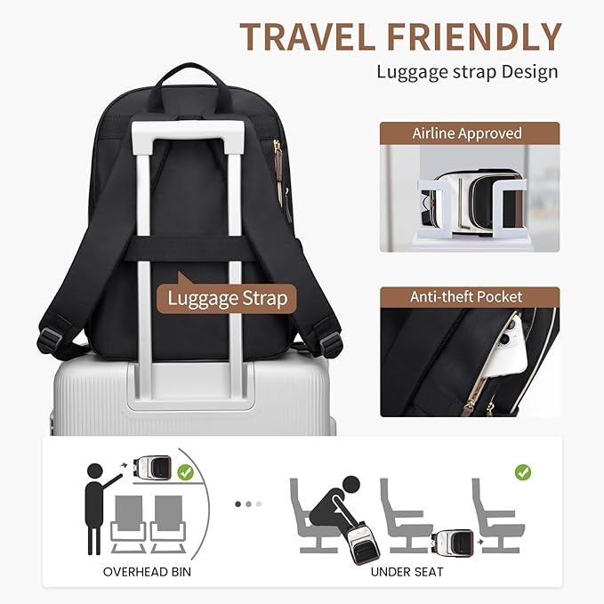 TENSTAR Laptop Backpack for Women, Computer Backpack Fit 16 Inch Notebook, Large Capacity College Backpack Bookbag Casual Daypack for Travel, Black with Beige