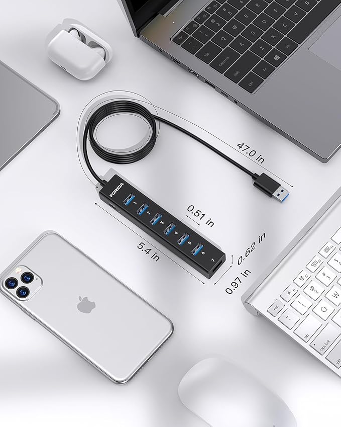 FORIDA Aluminum Alloy 8 Port USB Hub Long Cable USB Splitter with 7-USB3.0 Data Ports and TypeC 5V/3A Power Port Compatible with MacBook, Laptop,Surface Pro, PS5, PC and More (Black, USB A-47in)