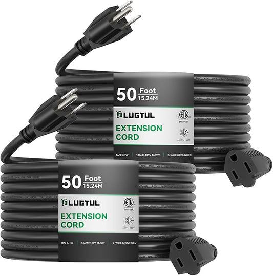 PLUGTUL 2-Pack Extension Cord 50 FT, 16/3 Outdoor Extension Cord Waterproof, Heavy Duty 3 Prong Extension Cord Black, 13A 1625W SJTW, ETL Listed, Great for Garden and Home
