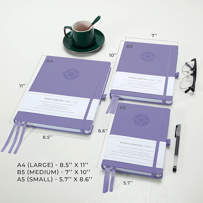 Smart Planner Pro – Large 11 x 8.5 inches (A4) – Undated Agenda Daily Planner – Tested & Proven to Achieve Goals & Increase Productivity, Time Management & Happiness with Weekly, Monthly, Gratitude Sections, Back Pocket (Lavender)