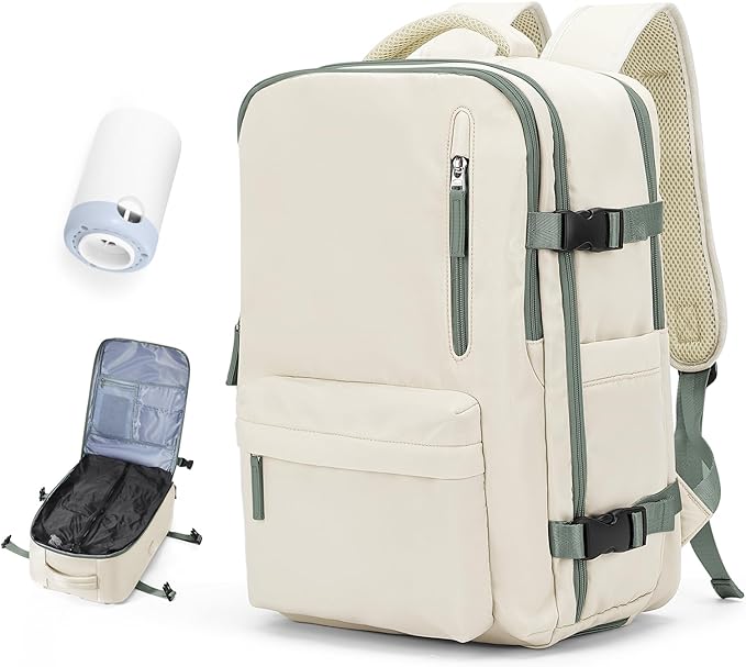 Vacuum Travel Backpack with Pump for Women, Personal Item Carry on Backpacks Flight Approved 18x14x8 inches for Men,Laptop Waterproof Work Compression bags Casual Daypack BeigeGreen