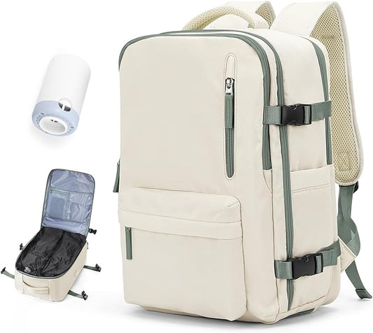 Vacuum Travel Backpack with Pump for Women, Personal Item Carry on Backpacks Flight Approved 18x14x8 inches for Men,Laptop Waterproof Work Compression bags Casual Daypack BeigeGreen
