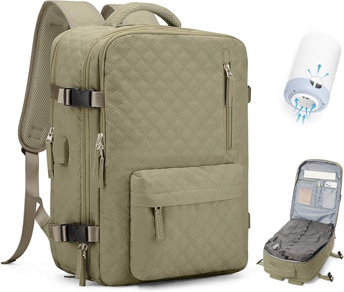 Vacuum Travel Backpack with Pump for Women,Personal Item Carry on Backpacks Flight Approved 18x14x8 inches for Men,Laptop Waterproof Work Compression bags Casual Daypack Khaki.