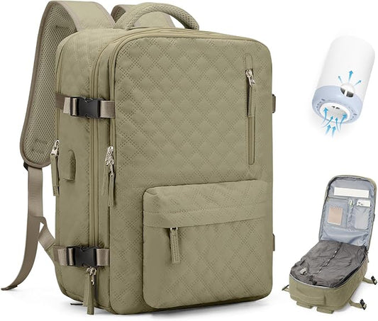 Vacuum Travel Backpack with Pump for Women,Personal Item Carry on Backpacks Flight Approved 18x14x8 inches for Men,Laptop Waterproof Work Compression bags Casual Daypack Khaki.