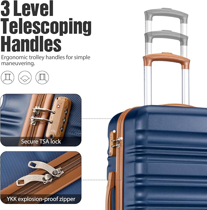 LONG VACATION Carry On Luggage Sets 3 Piece 20 Inch Suitcase Set, ABS+PC Hardshell Lightweight Travel Luggage with Spinner Wheels & YKK Zipper TSA Lock (20 INCH (BP/TB), NAVY)