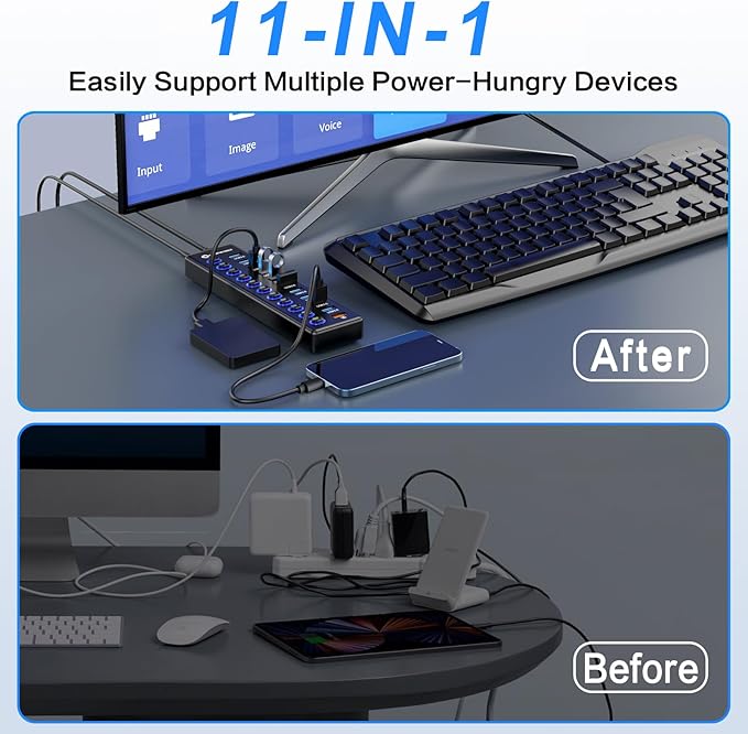 Powered USB Hub, MENKSID 11-Port USB Hub, 10 USB 3.0 Data Transfer Ports + 1 Smart Charging Port, Independent Switch (with LED Power Indicator), USB 3.0 Hub Powered with Power Adapter for Mac, PC