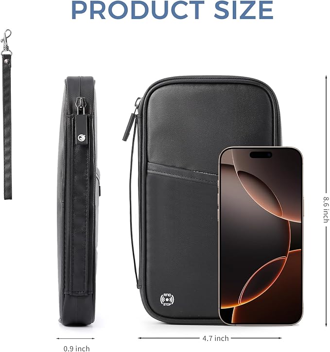 Travel Passport Holder, Large Family Passport Walle for Men Women RFID Passport Cover Lightweight Portable Document Organizer with Wrist Strap (Black)