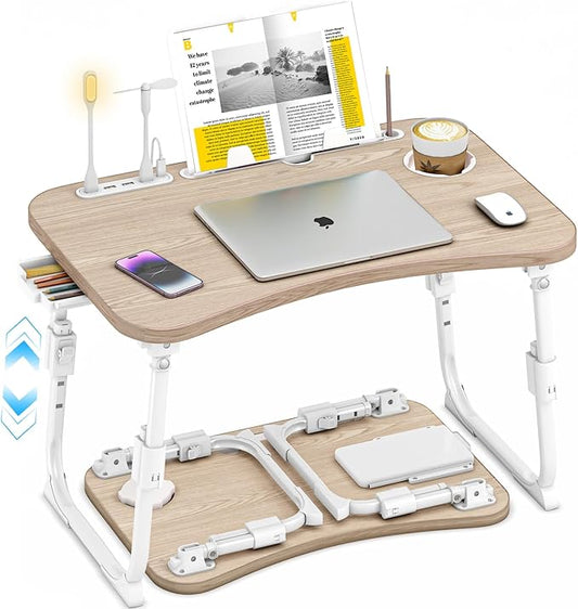 Lap Desk for Bed Adjustable Height, Foldable Bed Table with Storage Drawer, Tablet Slot & Cup Holder, Portable Laptop Stand for Bed & Sofa, Bed Desk for Adults & Kids, Glacier