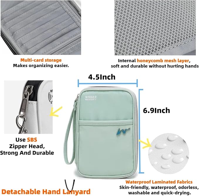 P-H1 Travel Family Passport Holder RFID Blocking Passport Waterproof Wallets for Men Women Travel Document Organizer Cards Case, Lightweight Portable Passport Cover with Zipper Pocket (Mint)