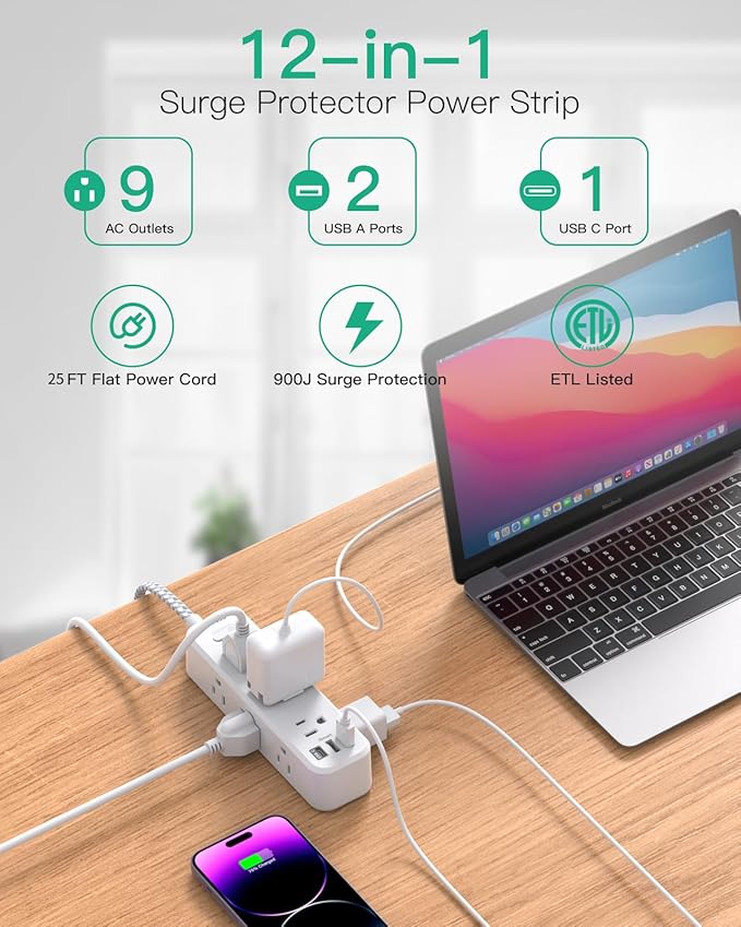 Extension Cord 25 ft, Surge Protector Power Strip, Long Extension Cord with 9 Outlets 3 USB Ports, Extension Cord with Multiple Outlets, USB Power Strip for Home, Office, Dorm Room Essentials, College