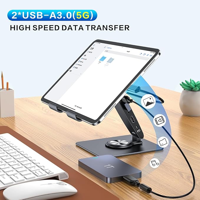 Adjustable Tablet Stand with USBC Hub 7-in-1, Aluminum Tablet Holder with Docking Station, 360° Swivel Base, 4K HDMI, 100W PD Charging, USB 3.0, SD/TF Reader, 3.5mm Audio, for iPad with USB-C Port