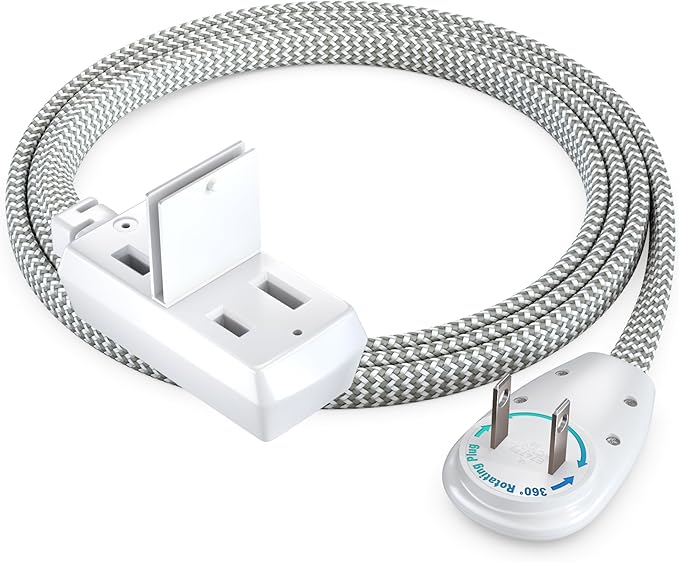 Maximm 3 Ft Extension Cord, 2 Prong, 360° Rotating Flat Plug, UL Certified, Light Gray – Space-Saving Indoor Power Cord for Tight Spaces, Polarized, Braided