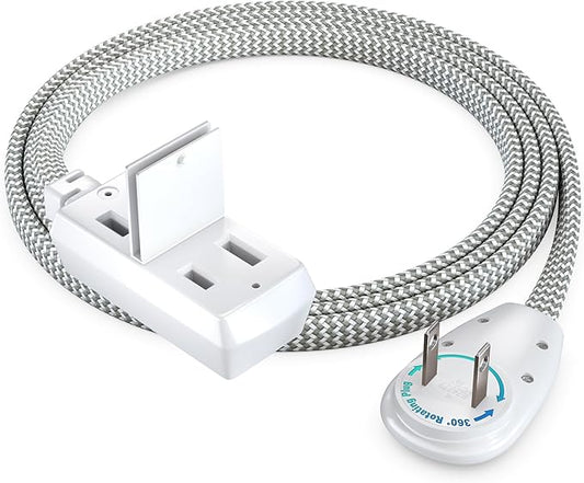 Maximm 3 Ft Extension Cord, 2 Prong, 360° Rotating Flat Plug, UL Certified, Light Gray – Space-Saving Indoor Power Cord for Tight Spaces, Polarized, Braided