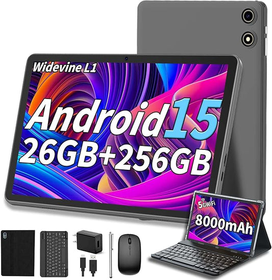 Android 15 Tablet with Keyboard, 26GB RAM+256GB ROM(2TB Expand), 10 inch Tablet with 8000mAh Battery, 2.4G/5G WiFi, 5MP+13MP Dual Camera, Widevine L1, GMS Certified, Mouse, Case, Stylus(Black)