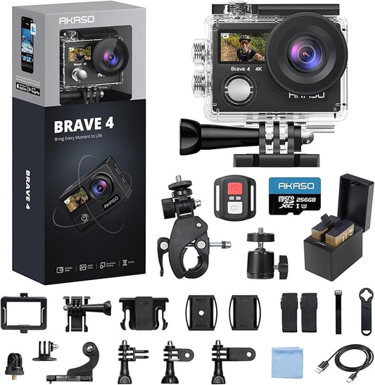 AKASO Brave 4 Action Camera 4K 30fps with 256GB MicroSDXC Card 20MP Ultra HD 131FT Waterproof Underwater Camera EIS WiFi Remote Control 5X Zoom Sport Cameras with Bicycle Accessories Kit Bundle