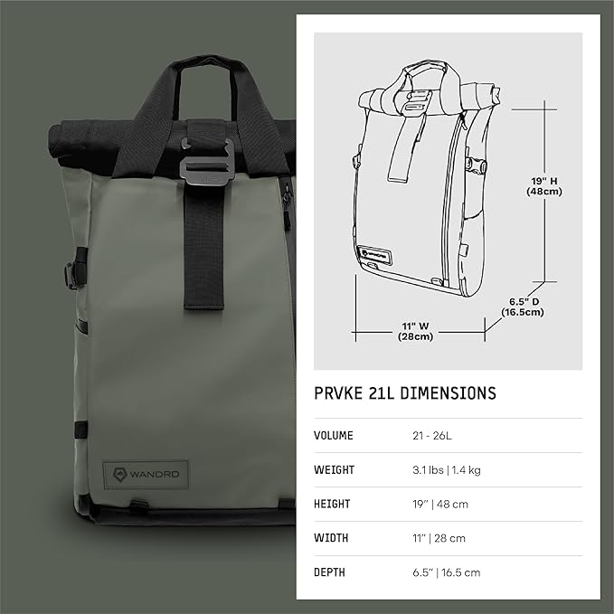 WANDRD PRVKE 21L, V3 Backpack: Weather-Resistant Travel & Camera Backpack with Laptop Sleeve, Quick Side Access, Clamshell Opening – Ideal Photography & Travel Bag (Wastach Green)