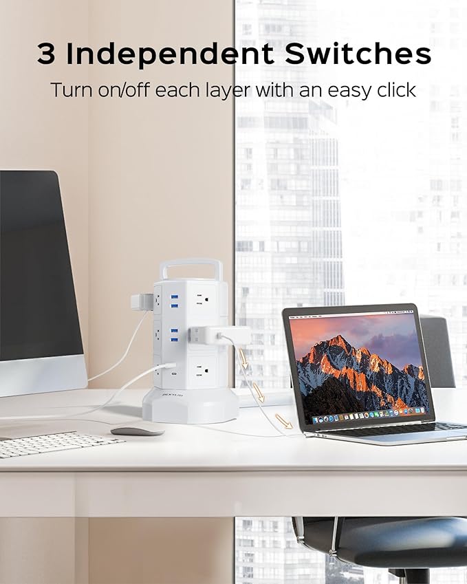 Power Strip Tower Surge Protector, JACKYLED 12 Outlets 6 USB (2 USB C) Charging Station, Extension Cord with Multiple Outlets, 1050J 1625W/13A Outlet Extender 6.5ft Extension Cord for Home Office