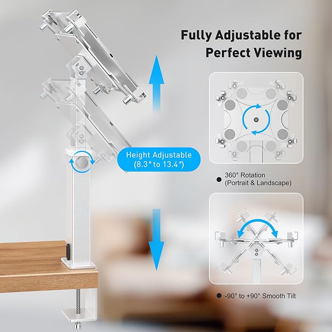 AboveTEK iPad Clamp Mount Desk, Adjustable Tablet Holder Clamp with 360° Rotation & 180° Tilt, Fits 9.7"-13" Tablets, Anti-Theft iPad Desk Stand, Heavy-Duty Aluminum Tablet Stand, Perfect for Work