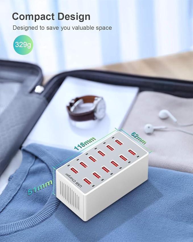 USB Charger 12-Ports Charging Station for Multiple Devices USB Wall Charger Power Hub Strip Smart Plug Charging Dock Block for iPhone Xs/XR,iPad,iPod,Galaxy S9/S8,Smart Phones 60W