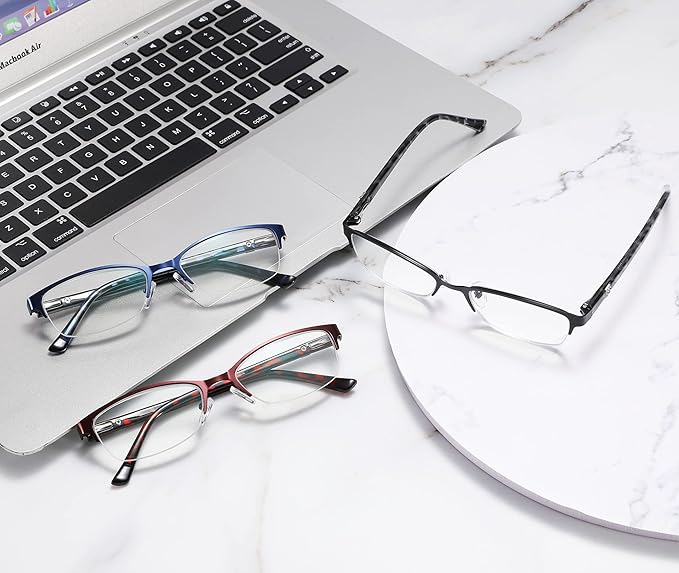 CRGATV 3-Pack Reading Glasses for Women Blue Light Blocking Metal Half Frame Computer Readers Anti UV/Eye Strain/Glare