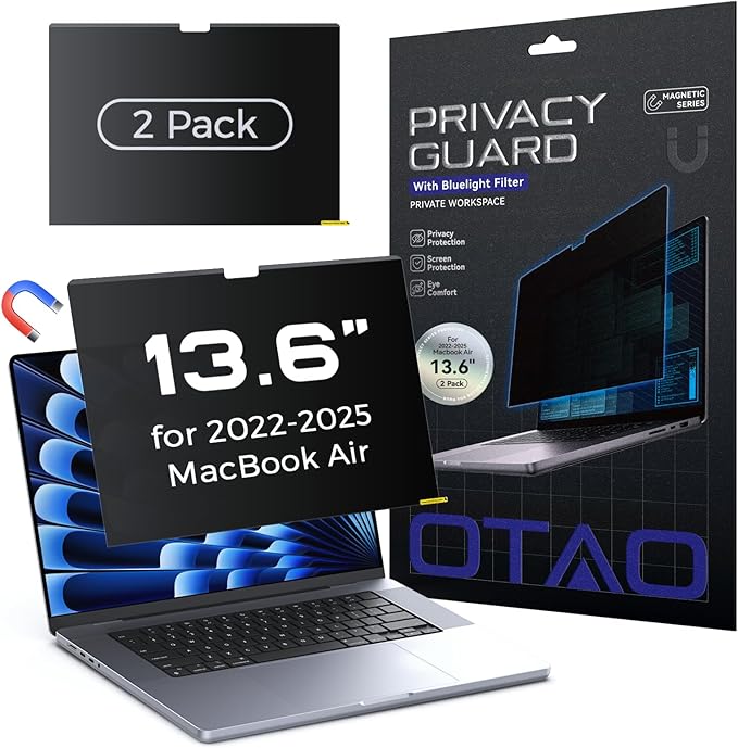 OTAO (2 Pack) Magnetic Privacy Screen for MacBook Air 13 Inch (2022-2025 M2/M3/M4), Removable Washable Reusable Matte Anti Glare Blue Light Protector Private Security Filter for 13.6" Mac Laptop