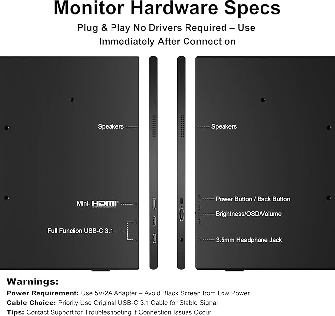 4K Portable Monitor 15.6" 3840×2160P（16:9） Screen 100sRGB IPS Display, with HDMI & USB-C Plug & Play, External Monitor for Laptops/MacBook/PCs/Phones/Xbox/Switch/ PS4/5/NVR