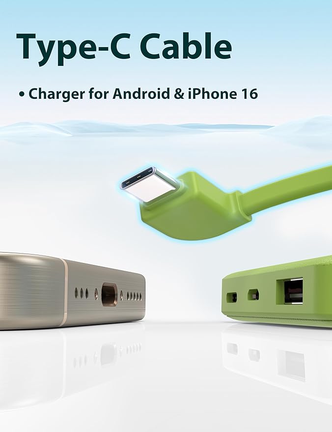 6000mah Ultra Slim Built in Cables Power Bank, Card Size Built in USB C Cords Battery Pack Portable Charger for Phones, 3 Output External Battery Pack Compatible with iPhone, Samsung, Google, Green