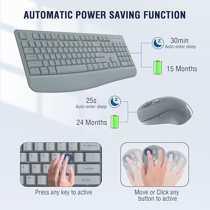 Wireless Keyboard and Mouse Combo, EDJO 2.4G Full-Sized Ergonomic Computer Keyboard with Wrist Rest and 3 Level DPI Adjustable Wireless Mouse for Windows, Mac OS Desktop/Laptop/PC(Grey)