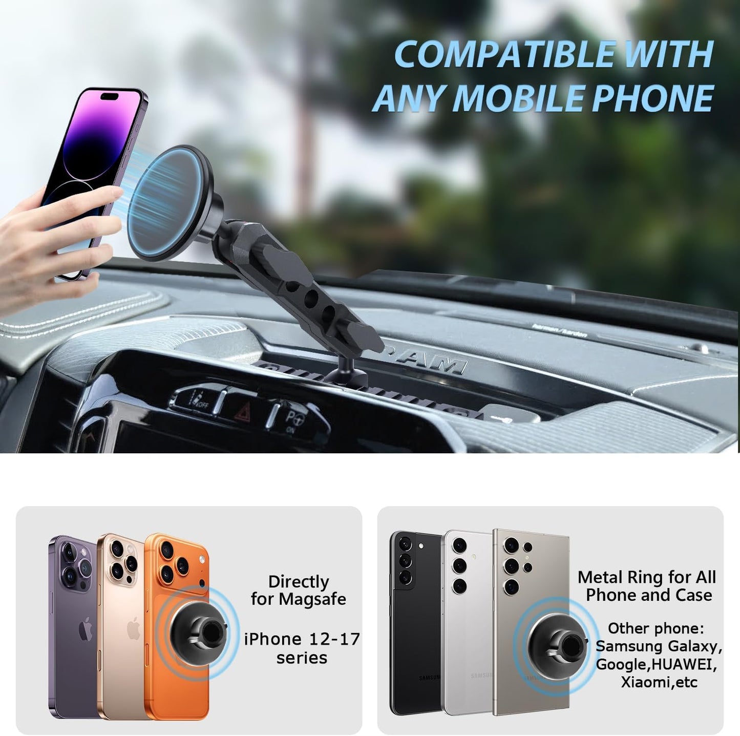 Dash Phone Mount Compatible with 2019+ RAM Truck 1500/2500/3500 & TRX Accessories (NOT fit RAM Classic Vehicle), Magsafe Phone Holder Widely Adjustable for iPhone 12-17 Series