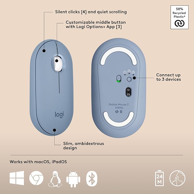 Logitech Pebble 2 Combo for Mac, Wireless Keyboard and Mouse, Slim, Quiet and Portable, Customizable, Bluetooth Mouse and Keyboard, Easy-Switch, for macOS, iPadOS - Tonal Blue
